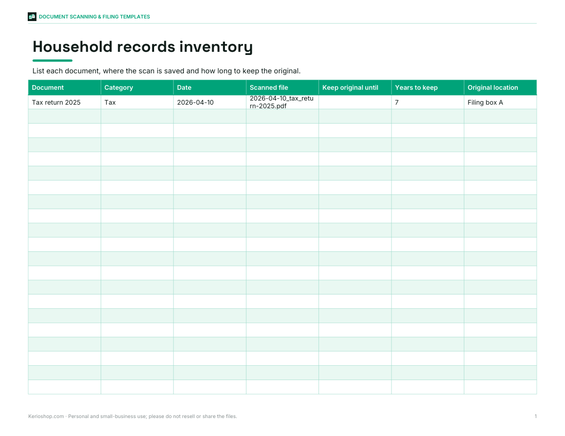 Preview of the first page of Records inventory (XLSX)